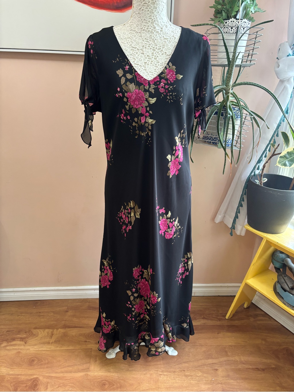 Vintage Black Maxi Dress With Pink Floral Print